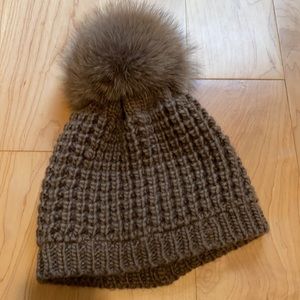 Kyi Kyi Genuine Fox Fur Pompom Beanie - Taupe - one size